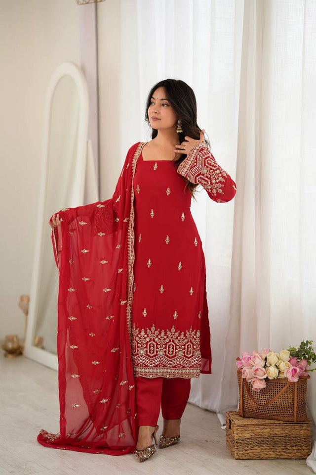 Red Floral Embroidered Georgette Straight Cut Suit (SP-86)