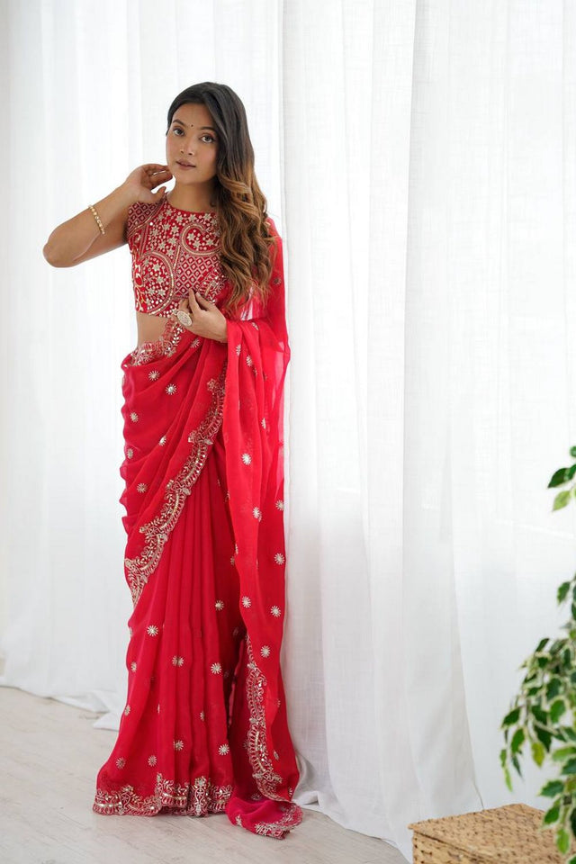Red Sequin with Embroidered Chiffon Saree (SP-88)