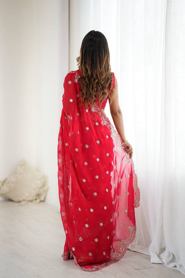 Red Sequin with Embroidered Chiffon Saree (SP-88)