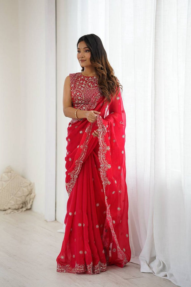 Red Sequin with Embroidered Chiffon Saree (SP-88)