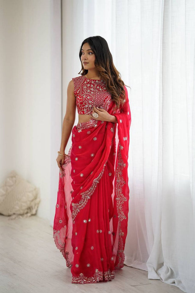 Red Sequin with Embroidered Chiffon Saree (SP-88)