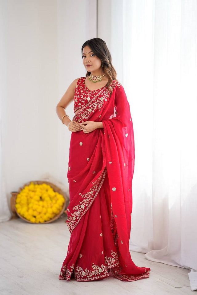 Red Sequin with Embroidered Silk Saree (SP-89)