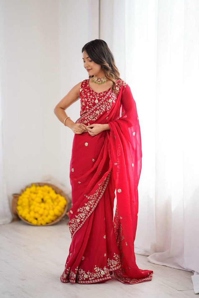 Red Sequin with Embroidered Silk Saree (SP-89)