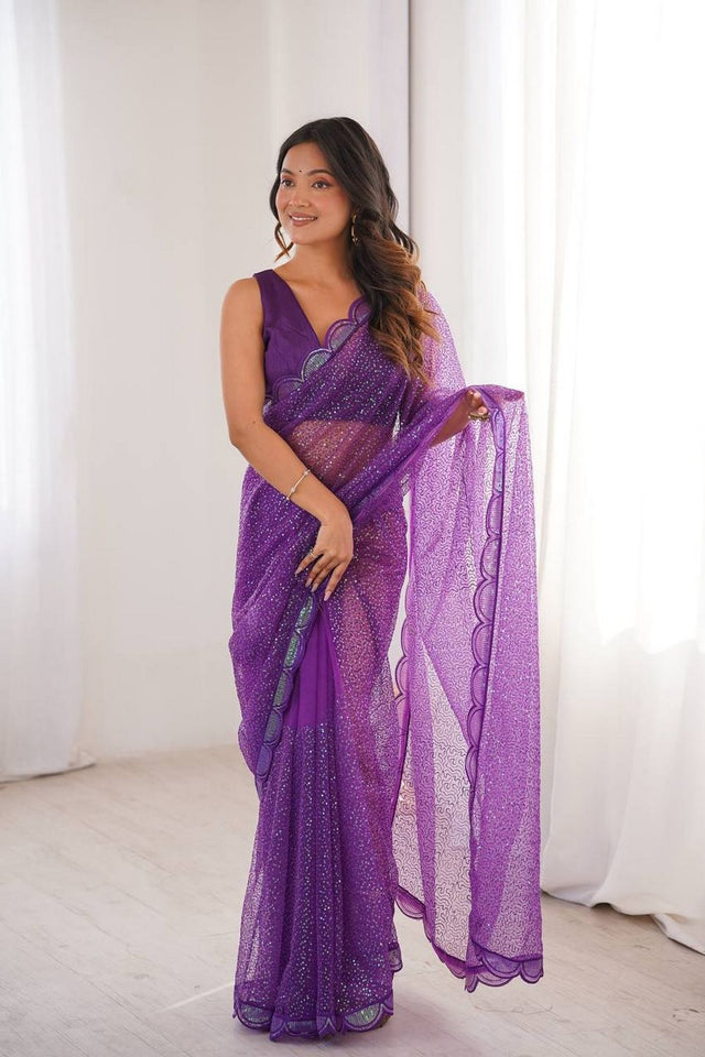 Purple Sequin with Embroidered Net Saree (SP-90)
