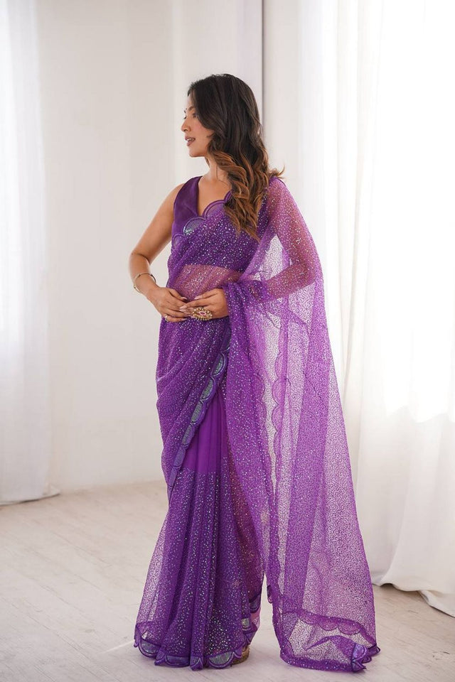 Purple Sequin with Embroidered Net Saree (SP-90)