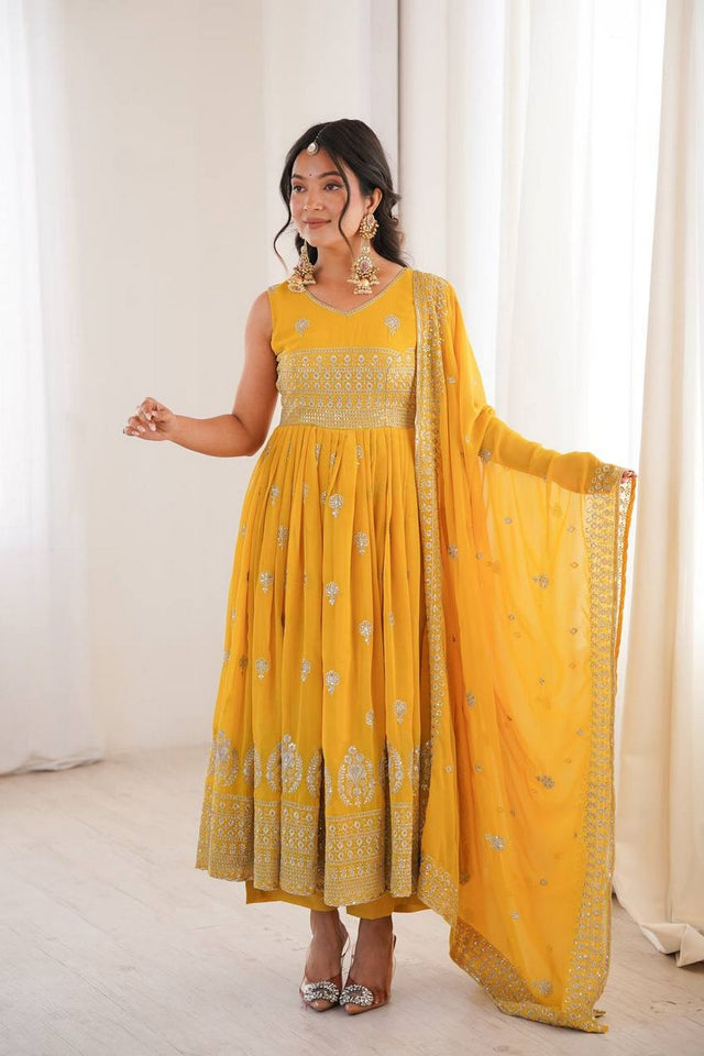 Yellow Heavy Embroidered Georgette Anarkali Suit (SP-91)