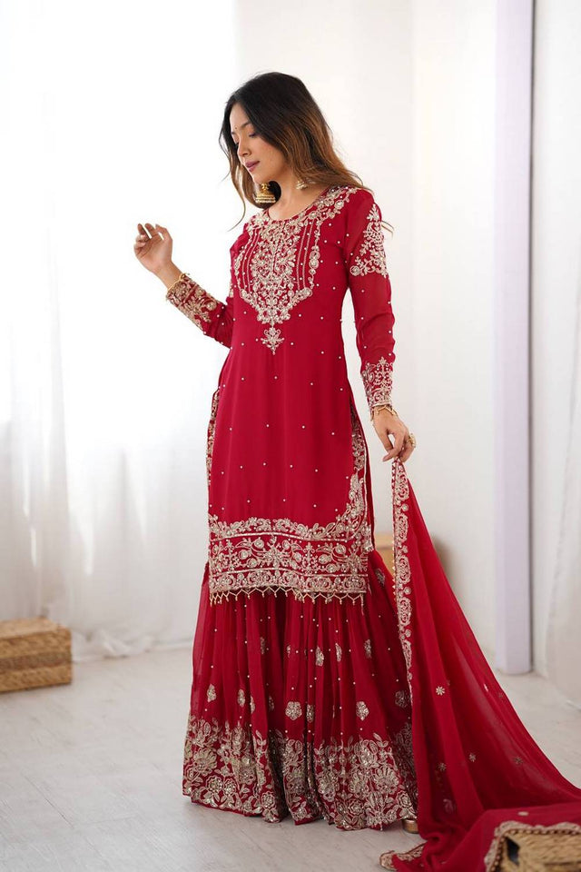 Red Sequin with Embroidered Georgette Sharara Suits