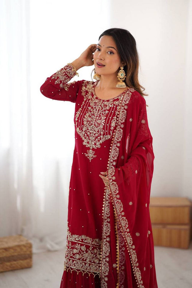 Red Sequin with Embroidered Georgette Sharara Suits