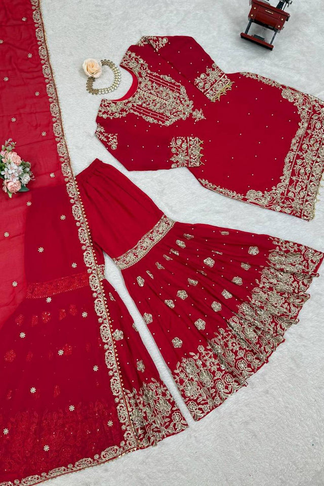 Red Sequin with Embroidered Georgette Sharara Suits