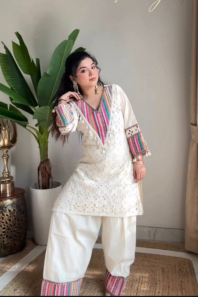 Off White Embroidered Cotton Kurti Pant Set