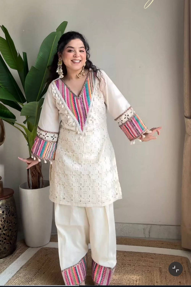 Off White Embroidered Cotton Kurti Pant Set