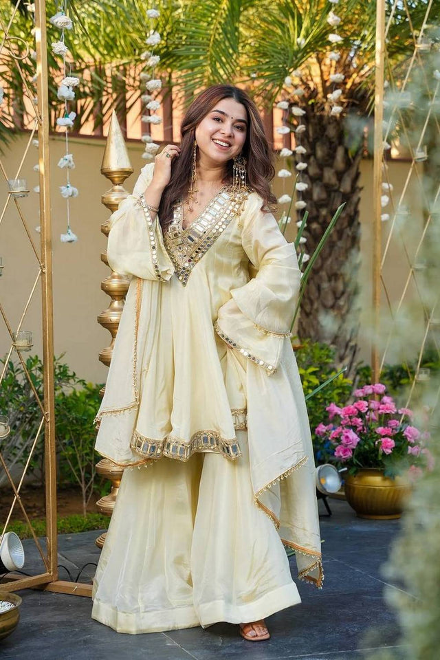 Off White Mirror Sequin Silk Palazzo Suits