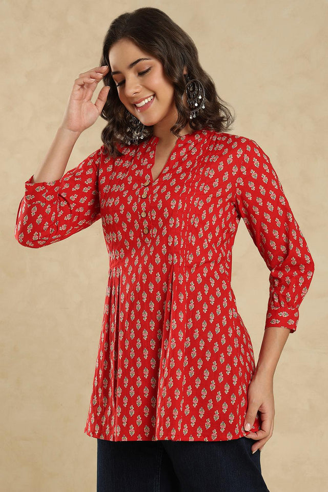 Red Floral Printed Cotton Tunic (SSKT-001-RED)