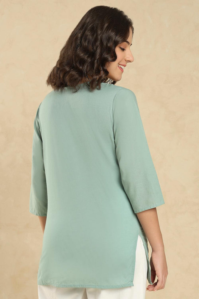 Sea Green Floral Embroidered Cotton Short Kurti (SSKT-005-SGRN)