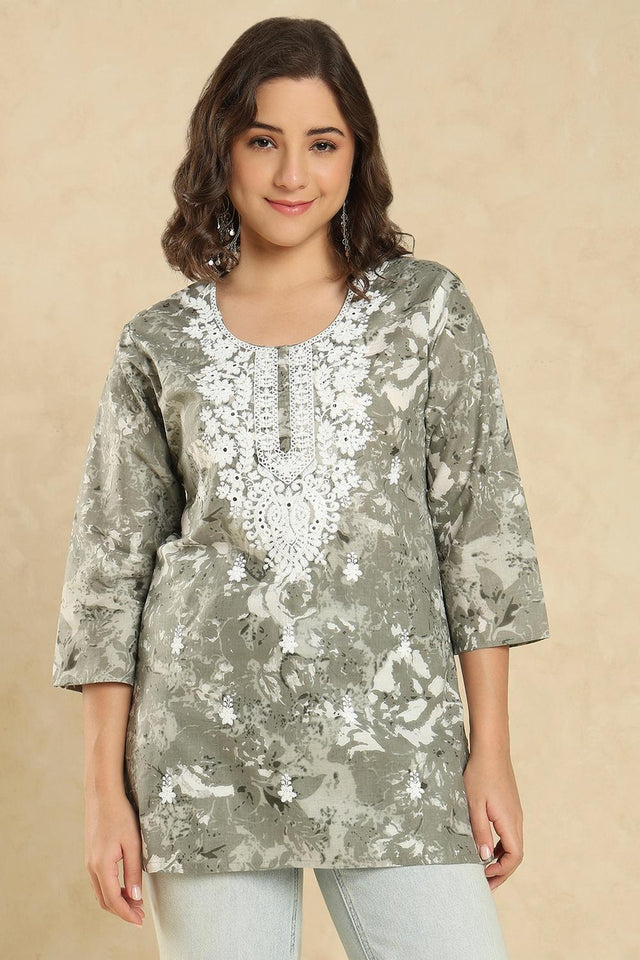Grey Floral Printed Cotton Short Kurti (SSKT-009-GREY)