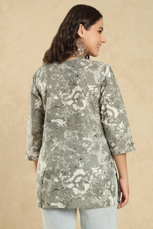 Grey Floral Printed Cotton Short Kurti (SSKT-009-GREY)