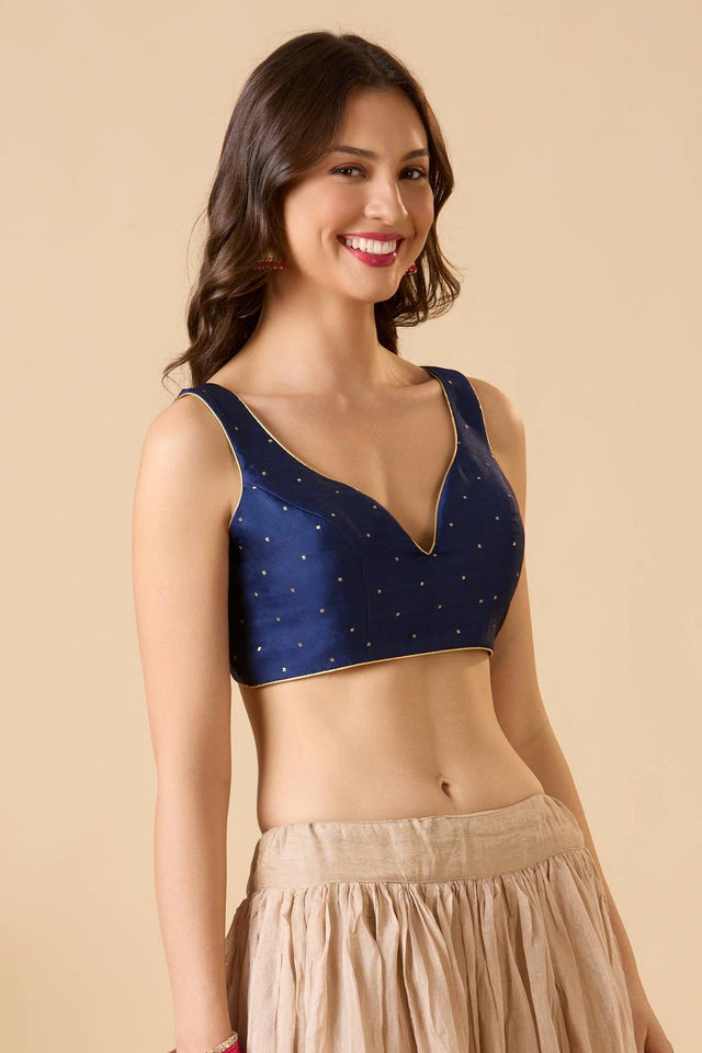 Navy Blue Solid Silk Blouse