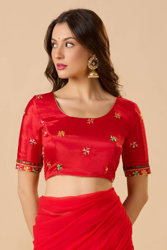 Red Embroidered Chinon Blouse