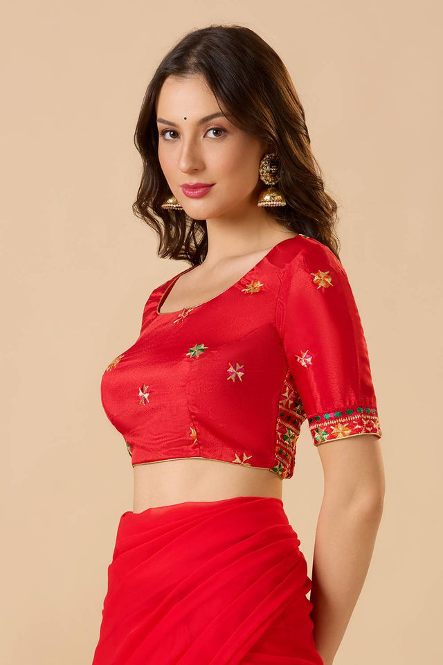 Red Embroidered Chinon Blouse