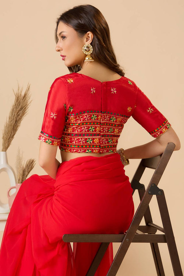 Red Embroidered Chinon Blouse