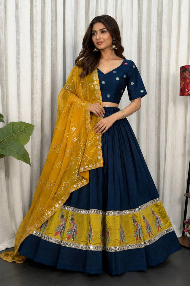 Navy Blue Embroidered Silk Lehenga (SWC-5055-C(midnight Navy))