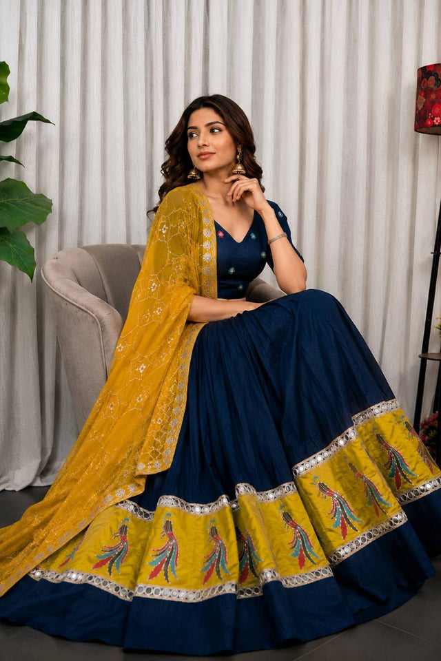 Navy Blue Embroidered Silk Lehenga (SWC-5055-C(midnight Navy))