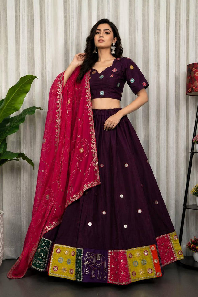 Wine Embroidered Silk Lehenga (SWC-5057-C)
