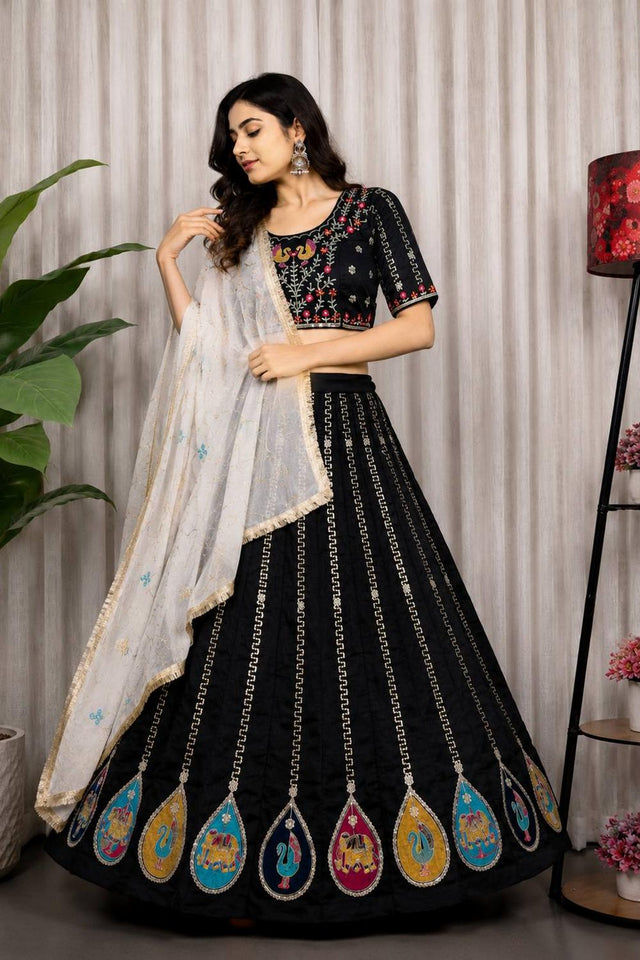 Black Embroidered Silk Lehenga (SWC-5063-Black)