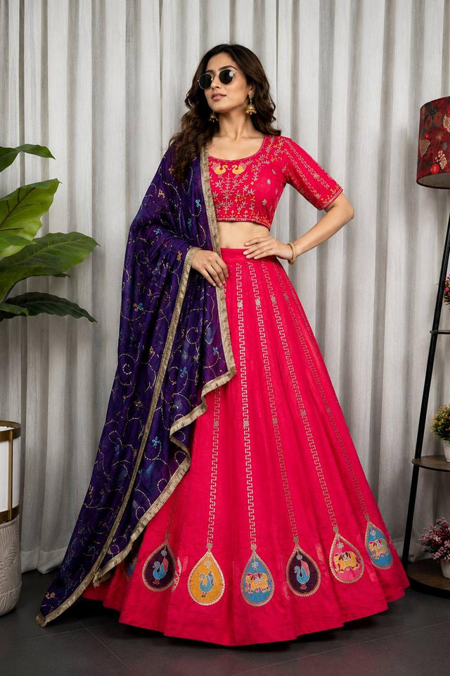 Dark Pink Embroidered Silk Lehenga (SWC-5063-Rani)