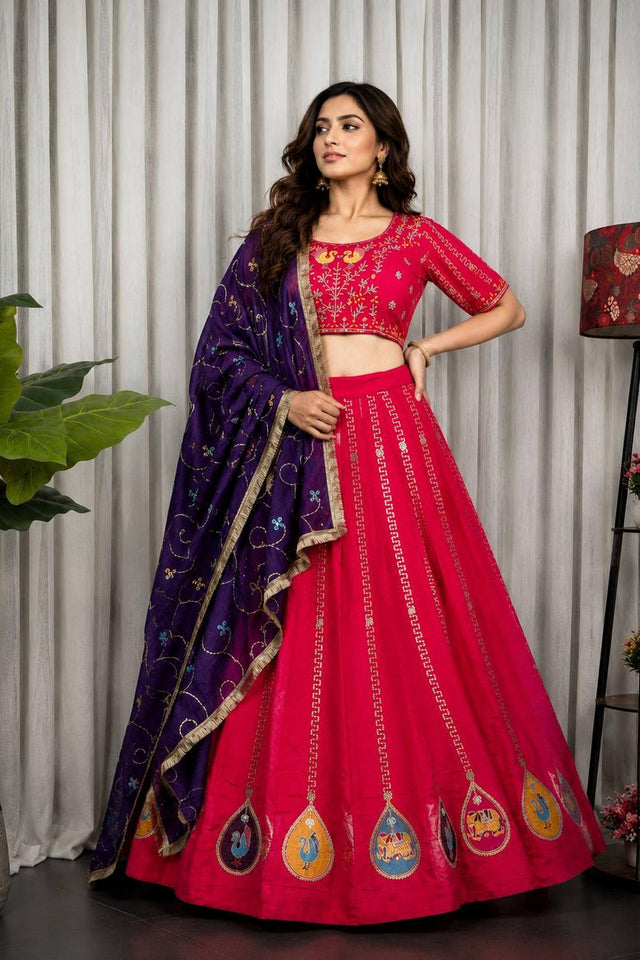 Dark Pink Embroidered Silk Lehenga (SWC-5063-Rani)