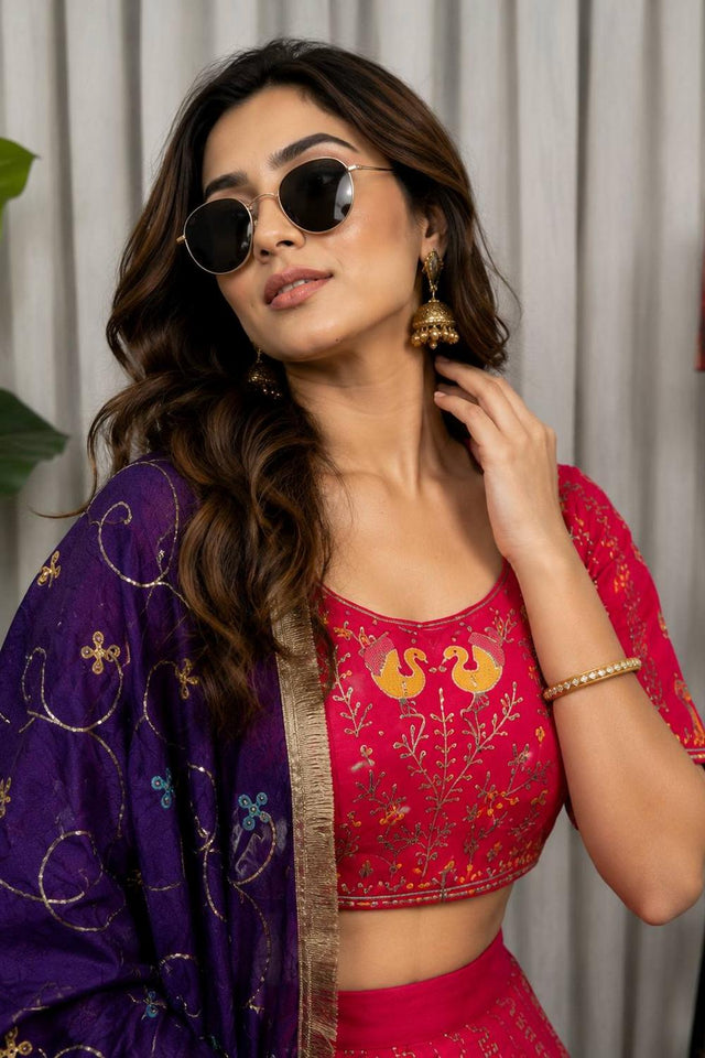Dark Pink Embroidered Silk Lehenga (SWC-5063-Rani)
