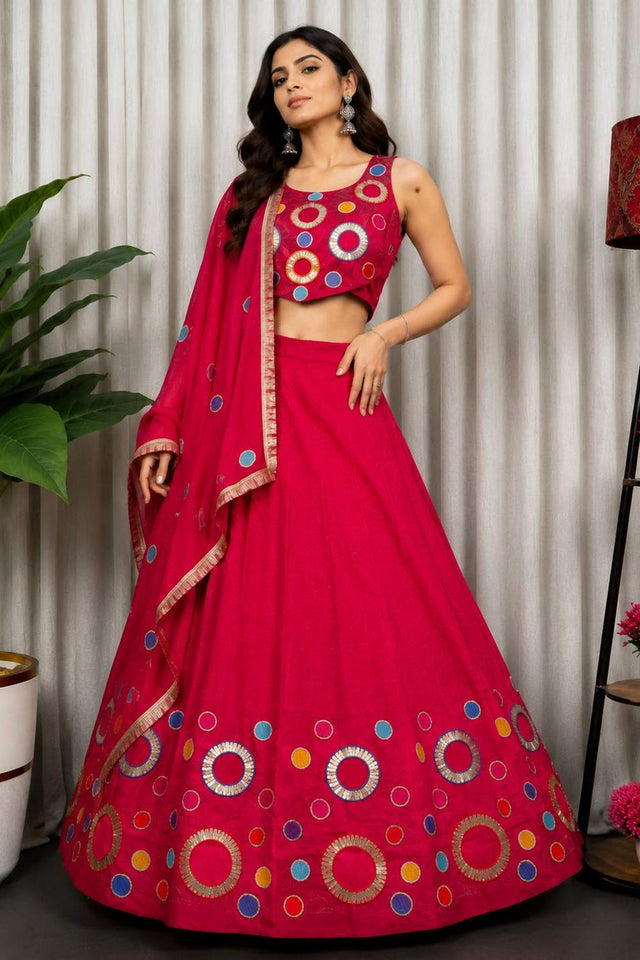 Dark Pink Sequin with Embroidered Silk Lehenga (SWC-5064-Rani)