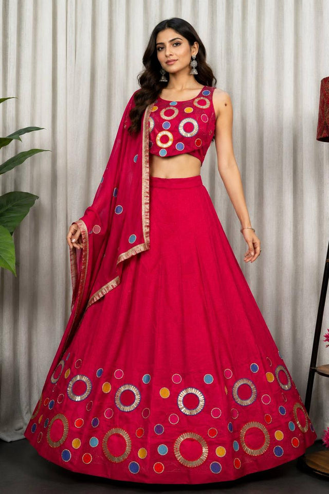 Dark Pink Sequin with Embroidered Silk Lehenga (SWC-5064-Rani)
