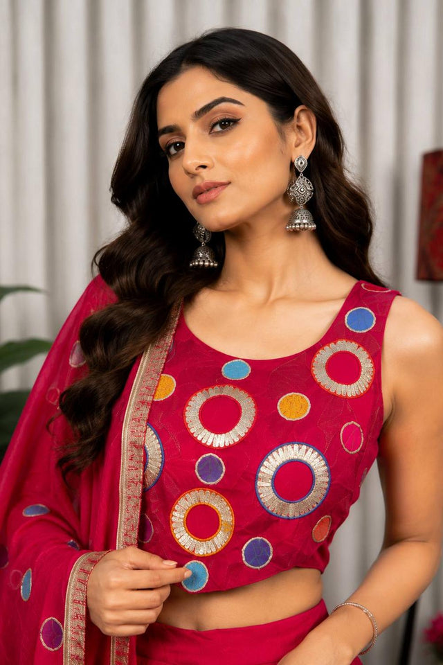 Dark Pink Sequin with Embroidered Silk Lehenga (SWC-5064-Rani)