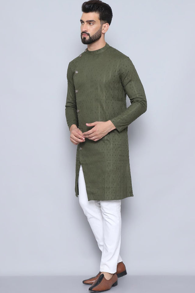 Men's Green Cotton Solid Long Kurta (SWC-DBY1259-GRC)