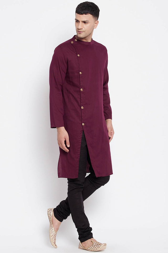 Men's Pure Cotton Solid Sherwani Top Kurta Top In Maroon