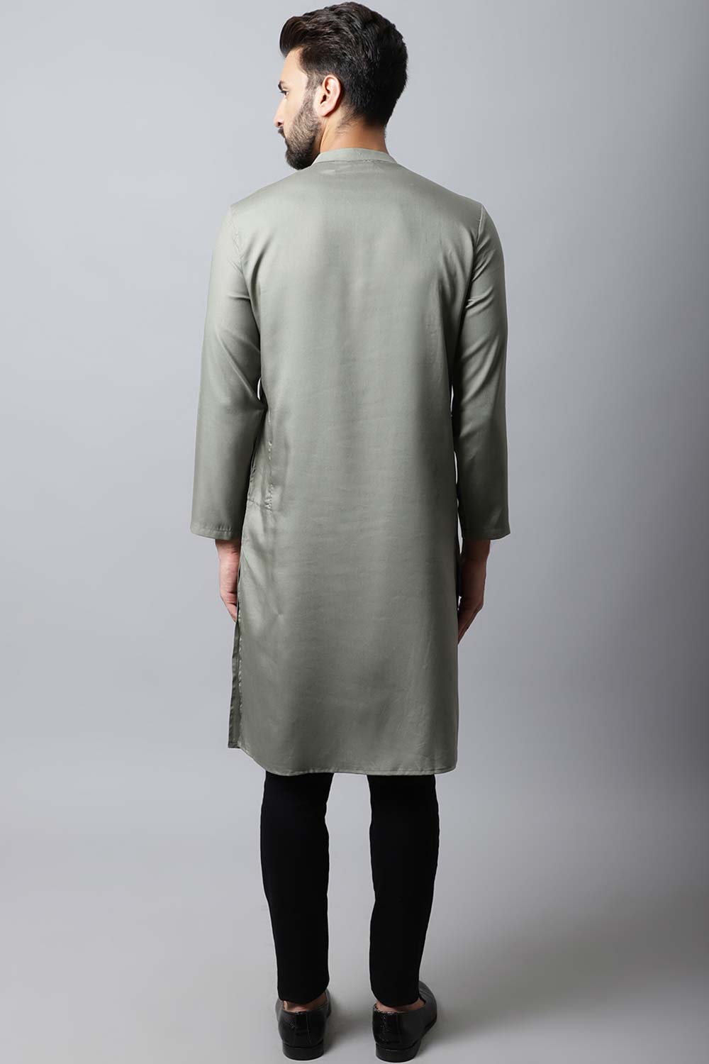 Men's Light Green Solid Full Sleeve Long Kurta Top