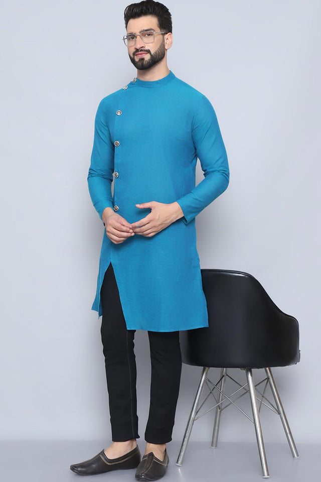 Men's Blue Cotton Solid Long Kurta (SWC-SLD1267-BLC)