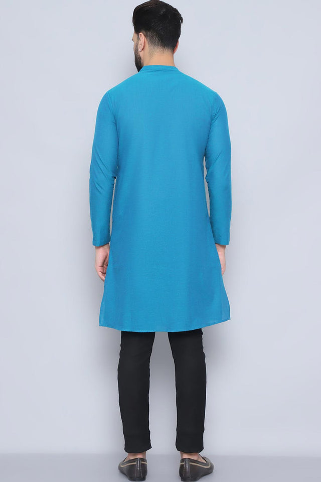 Men's Blue Cotton Solid Long Kurta (SWC-SLD1267-BLC)