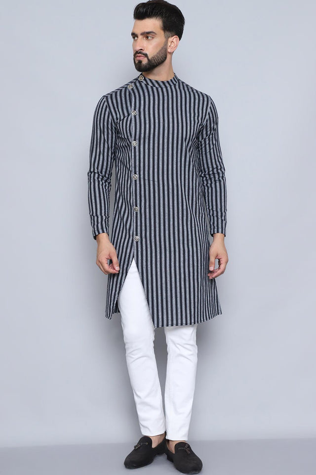 Men's Black Cotton Striped Long Kurta (SWC-STR013-BKC)