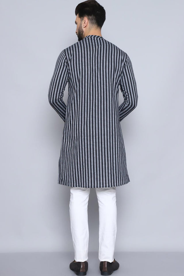 Men's Black Cotton Striped Long Kurta (SWC-STR013-BKC)