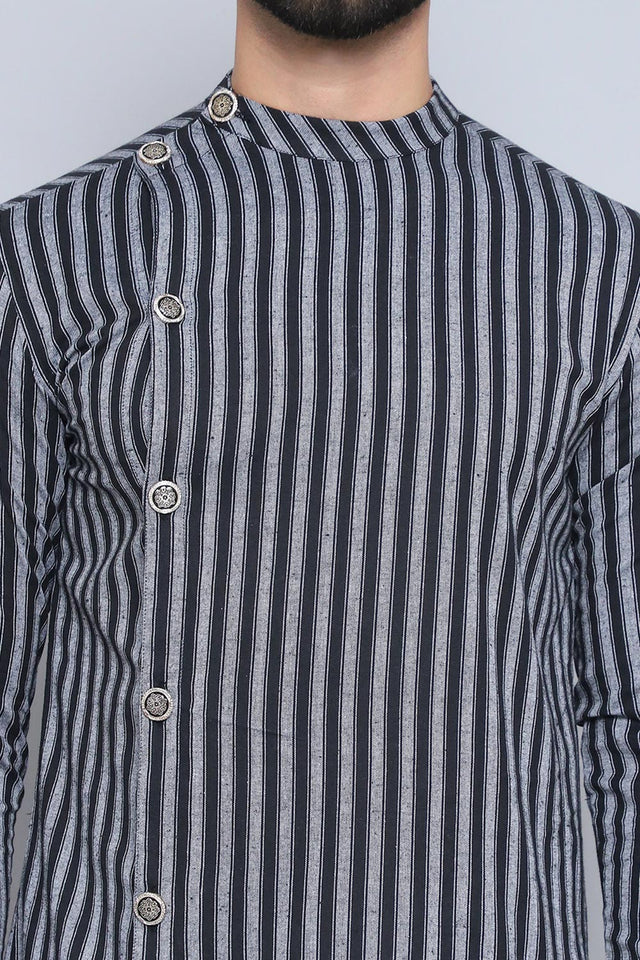Men's Black Cotton Striped Long Kurta (SWC-STR013-BKC)