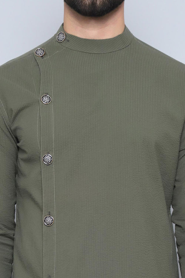 Men's Green Cotton Solid Long Kurta