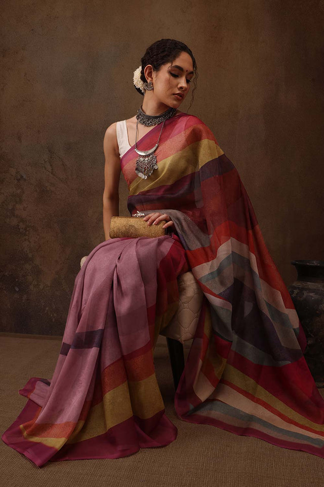 Cotton Blend Multicolor Striped Saree