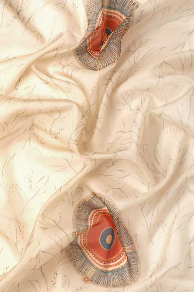 Beige Geometric Printed Silk Saree