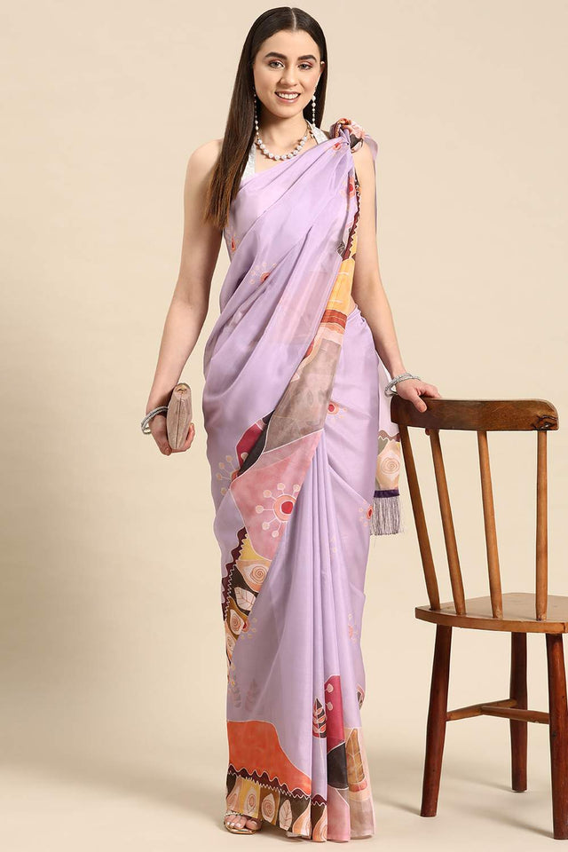 Lavender Floral Printed Silk Saree