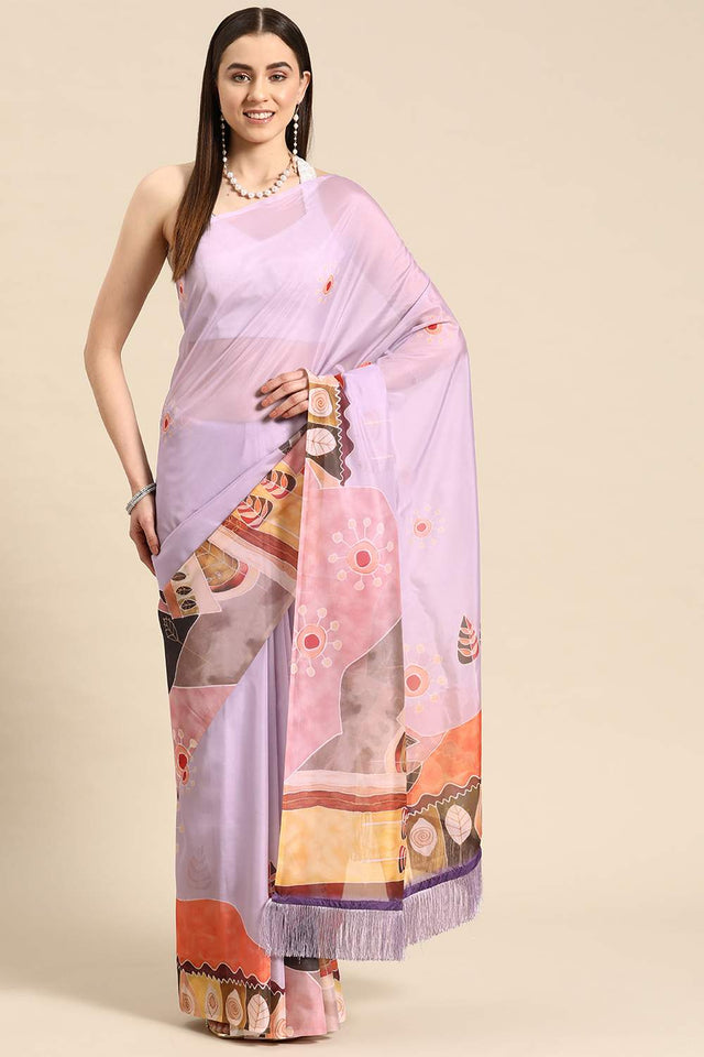 Lavender Floral Printed Silk Saree