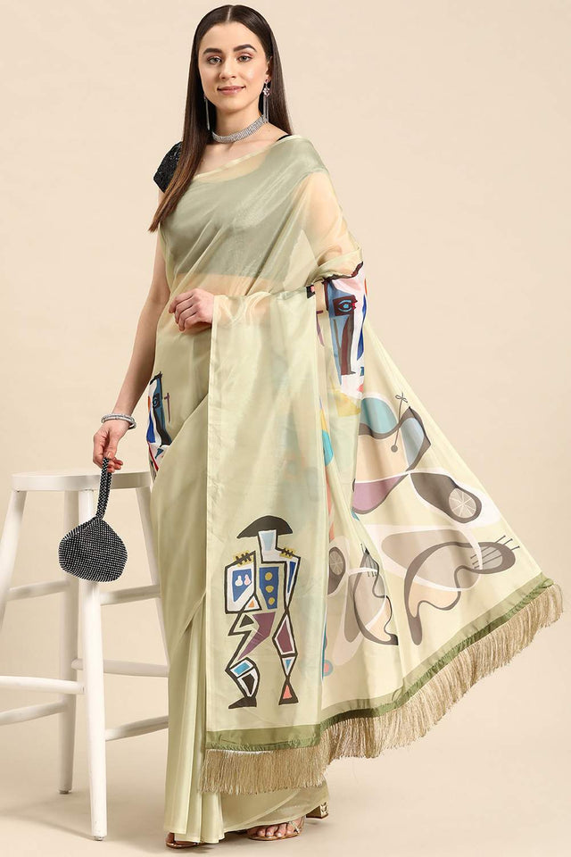 Olive Green Warli Printed Silk Saree