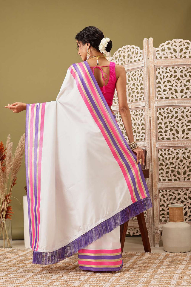 White Solid Soft Silk Saree