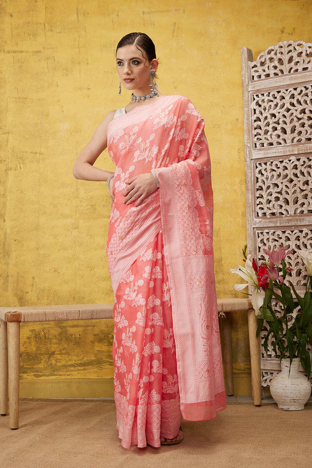 Peach Cotton Floral Saree